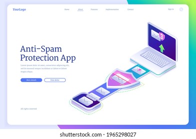 Anti spam protection app isometric landing page with laptop and envelopes. Spyware cyber security, antivirus application, filter service for malware and phishing email messages, 3d vector web banner