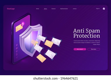 Banner de protección contra spam. Concepto de seguridad del correo electrónico, proteger el buzón de correo de los mensajes no deseados. Página de aterrizaje de vectores con ilustración isométrica de smartphone con sobres de escudo y carta