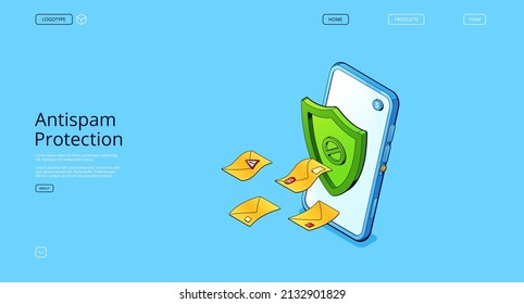 Anti spam protection landing page. Concept of email security, safety web mail system. Vector banner of filter service from phishing and junk messages with isometric smartphone, shield and letters