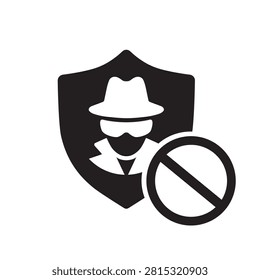 Anti spyware protection vector icon in flat style with shield, anonymous hacker and block symbol for cybersecurity, privacy protection, malware prevention and secure digital access isolated on white background
