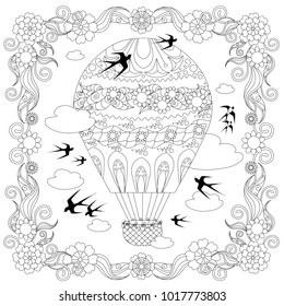 Anti stress abstract balloon, clouds, flying swallow, square flowering frame hand drawn monochrome vector illustration