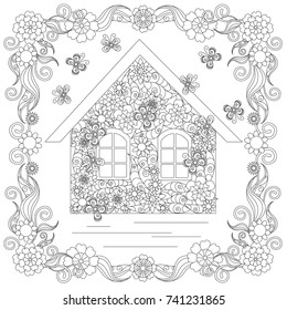 Anti stress abstract home, butterflies, square flowering frame hand drawn monochrome vector illustration