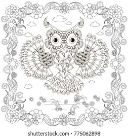 Anti stress abstract owl, square flowering frame hand drawn monochrome vector illustration

