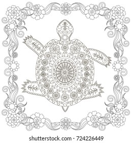 Anti stress abstract turtle, square flowering frame hand drawn monochrome vector illustration