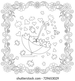 Anti stress abstract umbrella, hearts, lovebirds, maple leaf, square flowering frame hand drawn monochrome vector illustration