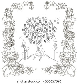 Anti stress blooming tree, birds with hearts, flowering frame hand drawn vector illustration