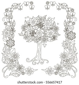 Anti stress blooming tree, birds with hearts, flowering frame hand drawn vector illustration