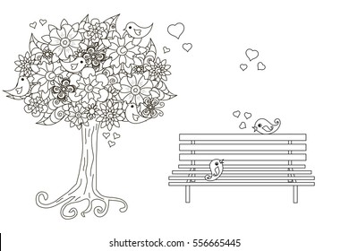 Anti stress blooming tree, birds with hearts, on bench hand drawn vector illustration