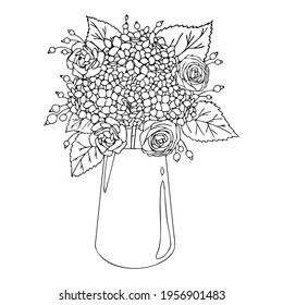 Anti stress coloring book for adults. A vase of flowers for coloring. Gerberas, roses in an elegant vase. on white background.