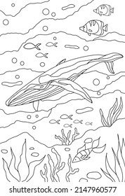 Anti stress coloring book for adults, children. Sea series of coloring books. Line art design for adult or kids coloring pages in zentangle style. For print. Set of vector illustrations.whales,ocean