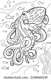 Anti stress coloring book for adults, children. Sea series of coloring books. Line art design for adult or kids coloring pages in zentangle style. For print. Set of vector illustrations. Octopus