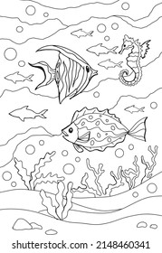 Anti stress coloring book for adults, children. Sea series of coloring books. Line art design for adult or kids coloring pages in zentangle style. For print. Set of vector illustrations, fish, ocean