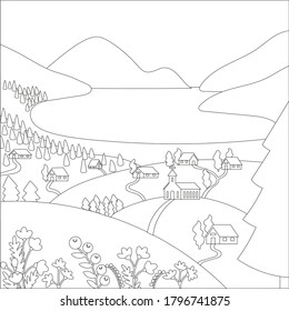 Anti stress coloring Mountain village landscape line art