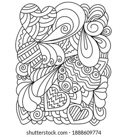 Anti stress coloring page with hearts and ornate patterns, outline drawing for Valentine's day vector illustration