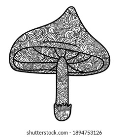 Anti stress coloring page mushroom with ornate patterns, fly agaric with zen doodle curls, coloring book for adults and kids illustration
