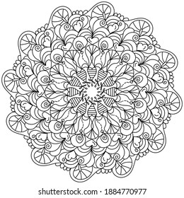 Anti stress mandala coloring page of zen curls and ornate tangles, meditative drawing for Valentine's day vector illustration