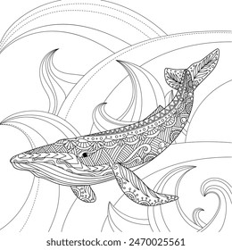 anti stress mandala. Colouring book for adults. Whale line art. Animal sea doodle. Black contour