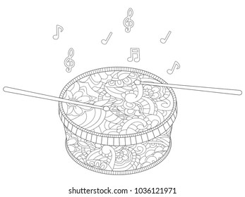 Anti stress musical instrument, drum with chopsticks vector illustration. Children coloring, color, black and white