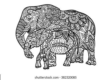 Anti stress and relaxing coloring elephants, filled fancy pattern. Black and white hand drawn illustration in vector. Mama elephant and her little elephant.