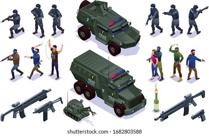 Anti Terror Special Police Forces and Terrorists Set isometric icons on isolated background