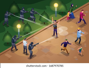 Anti Terror Special Police Forces neutralize suicide bombing attack Illustration isometric icons on isolated background