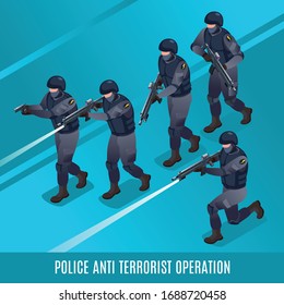 Anti Terrorist Operation Of Special Police Force Illustration Isometric Icons On Isolated Background