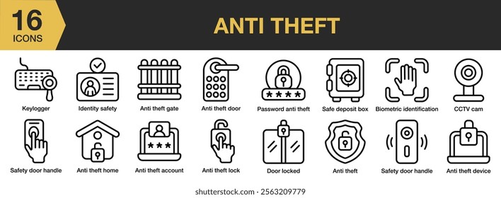 Anti Theft icon set. Includes Anti, Door, Hole, Key, Lock, Security, Theft, and More. Outline icons vector collection.