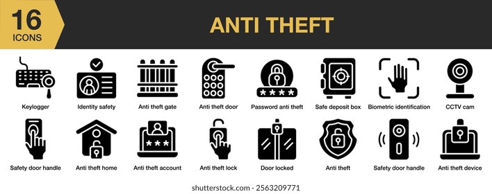 Anti Theft solid icon set. Includes Anti, Door, Hole, Key, Lock, Security, Theft, and More. Solid icons vector collection.