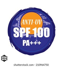 Anti UV Grunge Rubber Stamp Blue Badge With Spf 100 PA+++, Sun Protection Sign On White - Vector illustration.
