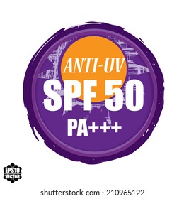 Anti UV Grunge Rubber Stamp violet Badge With Spf 50 PA+++, Sun Protection Sign On White - Vector illustration.