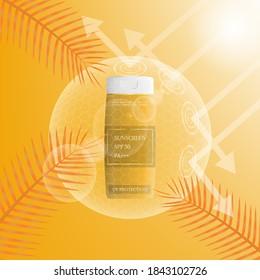 Anti uv sunblock presentation. Sunscreen product background with sun. Protect skin from ultraviolet.