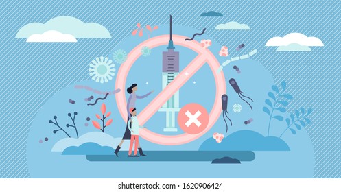 Anti vaccination movement, child health awareness and parents rising protests. Flat tiny persons concept vector illustration. Drugs threat to society and infants health.Kids immunity and viruses issue