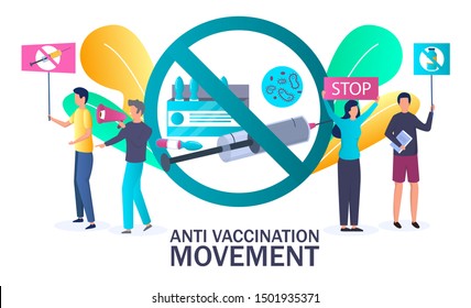 Anti vaccination movement, vector illustration. People protesting against vaccine. Anti vax, anti-immunisation campaign concept for poster, web banner, website page etc.