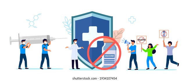 Anti vaccination protest Flat vector illustration Vaccine refusal Mandatory immunization Vaccination hesitancy No vax concept Patients with doctor and nurse insisting on need for preventive medicine