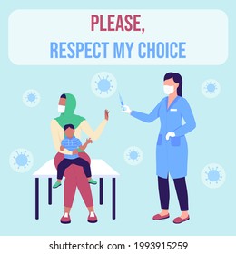 Anti vaccination social media post mockup. Please respect my choice phrase. Web banner design template. Health care booster, content layout with inscription. Poster, print ads and flat illustration