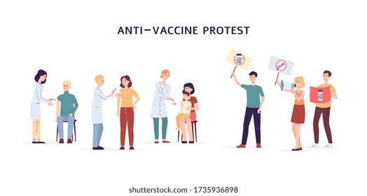 Anti Vaccine Protest Banner. Cartoon Anti Vaxxer People Protesting Medicine Vaccination In Front Of Doctors Giving Injections To Patients, Isolated Vector Illustration.