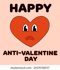 Anti Valentine Day Card. Heart sad. Mascot in groovy and Y2k style. Greeting card, template, poster, print, party invitation and background. Vector flat illustration.