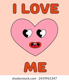 Anti Valentine Day Card. Pink Heart smile. I love me. Mascot in groovy and Y2k style. Greeting card, template, poster, print, party invitations and background. Vector flat illustration.