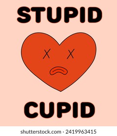 Anti Valentine Day Card. Red Heart is dead. Cupid Stupid. Mascot in groovy and Y2k style. Greeting card, template, poster, print, party invitations and background. Vector flat illustration.