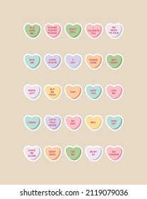 Anti valentines day candy hearts stickers. Sarcastic Quotes for Lonely Valentine's Day. Funny sweets. Vector illustration for print and web