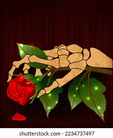 Anti Valentines day card, Skeleton holding a flower rose, vector illustration