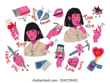 Anti valentines day concept sticker pack. Set of cartoon elements in trendy tattoo style. Vector illustration.