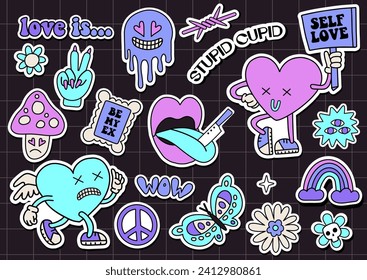 Anti valentines day concept. Sticker pack of retro cartoon heart characters and elements. Big set of comic stickers in psychedelic weird groovy style. Trendy neon 2000s style. Vector illustration.