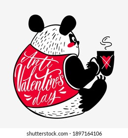 Anti Valentines day cute panda with coffee in flat and hand drawn styles. Vector illustration for Valentines day, greeting cards, posters, digital and social media