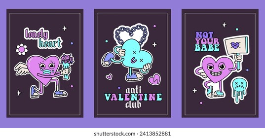 Anti valentine's day party a4 banners set. Groovy y2k retro cartoon cupid characters in hear shape. Contour hand drawn vector illustration. Anti Valentine club.