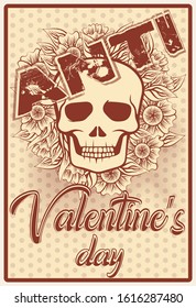 Anti Valentine's day with skull, greeting card, vector illustration