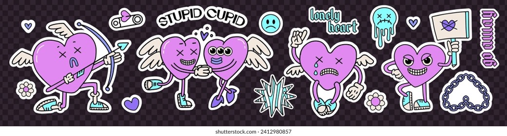 Los stickers del día anti-valentinas se empacan con caracteres en forma de corazón. Elemento espeluznante y espeluznante para el día de San Valentín. Ideal para tarjetas de felicitación, invitaciones, tapicería para imprimir en camisetas, pegatinas, tazas