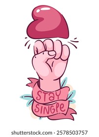 Anti Valentine's day symbol. Hand in a fist hits the heart, the inscription on the tape stay single, cartoon vector illustration. Hand drawn non romantic symbol. Alternative Valentine day icon.