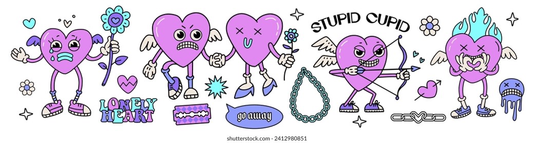 Anti Valentine's day Y2K set with cupid characters. Cute heart mascots with funny quotes. Comic Vector hand drawn illustration