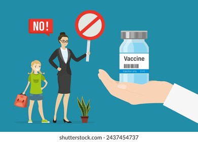 Anti vax movement. Doctor hand give vial with coronavirus vaccine. NO vax. Anti vaccination campaign. Vaccine refusal, family protest against mandatory vaccination or immunization. Vector illustration